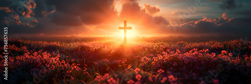 Christian Religious Easter Background God Raised, Cross at sunset in a field christian worship concept 