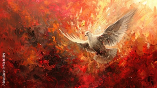 Holy spirit, Dove in flames. Digital painting of a dove flying in the air on a red fire background.