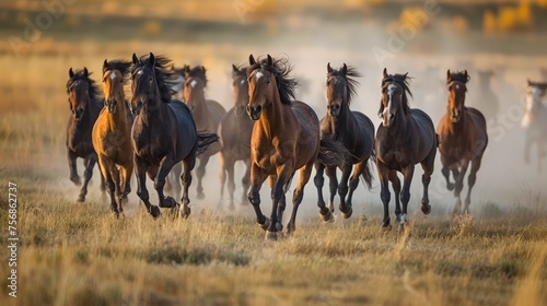Majestic Herd of Wild Horses Running Free Across Golden Savannah at Sunset, Displaying Beauty and Freedom in the Wild
