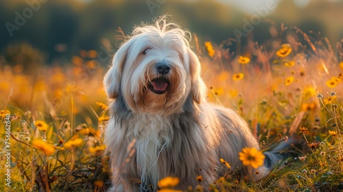 Happy Fluffy Dog Enjoying a Sunny Day in a Blooming Meadow with Golden Light and Flowers