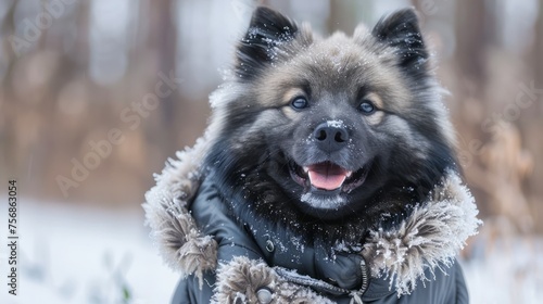 Smiling Fluffy Dog Dressed in Warm Clothes Enjoying a Winter Day Outdoors with Snowy Background
