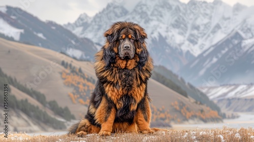 Majestic Tibetan Mastiff Dog Sitting in Front of Snowy Mountain Range and Autumn Landscape