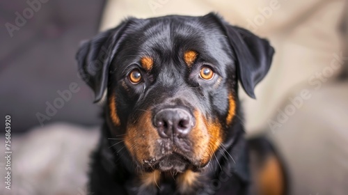 Portrait of a Majestic Rottweiler Dog with Soulful Eyes on a Soft Background