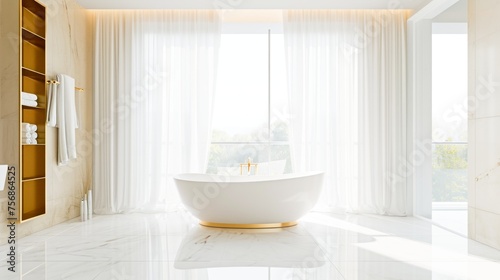 A pristine, sunlit bathroom with a white freestanding bathtub and golden accents. Marble floors and sheer curtains.