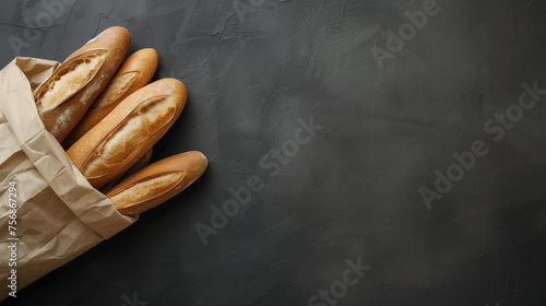 A brown paper craft bag filled with golden baguettes against a dark backdrop. Grocery store concept, food delivery. Copy space, banner.
