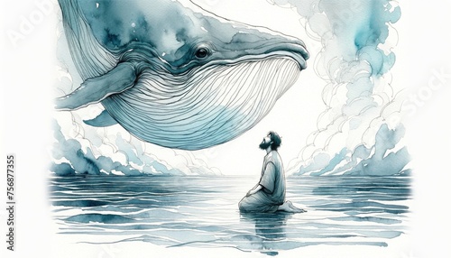 Jonah and the Whale. Watercolor illustration of a man looking at a whale in the ocean. Digital illustration.