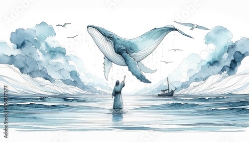 Jonah and the Whale. Illustration of a whale and a man in water. Digital watercolor painting.