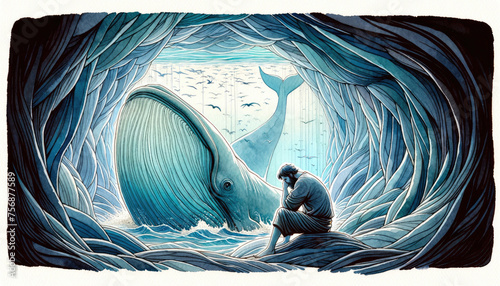 Jonah and the Whale. Sketch of a man looking at the whale in the ocean. Digital illustration.