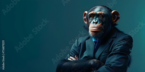 A chimpanzee dressed in a stylish suit exudes charisma and elegance. Concept Wildlife Photography, Chimpanzee Portrait, Stylish Outfit, Expressive Animals, Elegance in Nature