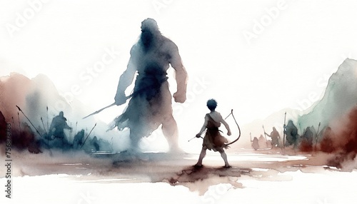 David and Goliath. Digital watercolor painting of an ancient warrior with a giant standing in front of him. Digital illustration.