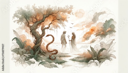 Adam and Eve in the garden of Eden. Digital illustration. Man and woman in a beautiful garden with a snake on a tree.