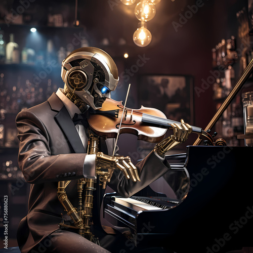 A robot playing a musical instrument in a jazz club