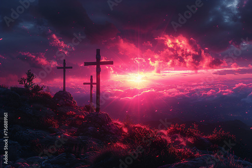 Three crosses silhouette on hill, resurrection. Calvary crucifixion of Jesus Christ at sunrise. Easter morning. Religion and christianity concept for card, banner, poster, background