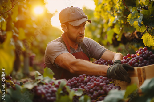 Gardeners are harvesting grapes in a sunny vineyard.
