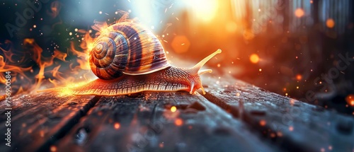 Turbo snail with fiery boost speeding on a rustic wooden bridge twilight setting