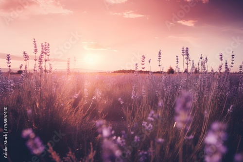 Beautiful sunset over lavender field. Vintage style toned picture