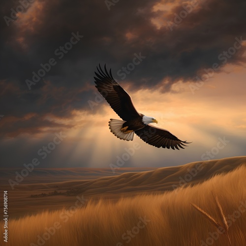 Bald Eagle flying in the desert at sunset. 3d render