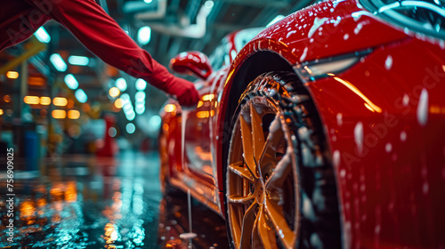 technician carefully applying wax to a sports car, capturing the reflection of surrounding objects on the shiny surface, emphasizing the meticulousness of the waxing process