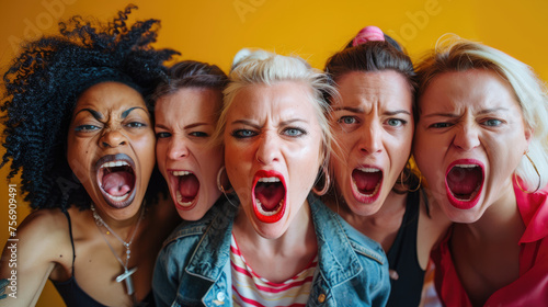 Group of furious angry women yelling looking at the camera