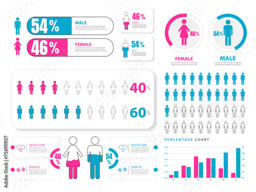 Demographic analysis infographic template. Male female ratio for population visualization. man woman icons. World map, gender data Vector illustration.