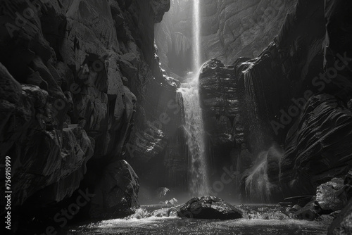 A monochrome waterfall, water cascading over the surface.