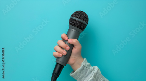 Child holding microphone on color background closeup, generative Ai