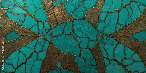 Cracked teal patterns of verdigris on a bronze surface. Hint of kintsugi art