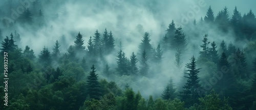 Misty Forest Morning, A serene forest scene enveloped in mist, with the sunlight gently filtering through the dense canopy of evergreens, casting a mystical glow over the verdant landscape