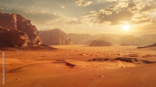 The sun dips below the horizon, casting a golden glow over the sweeping sand dunes and majestic rock formations of a tranquil desert landscape, evoking a sense of peace and the vastness of nature.