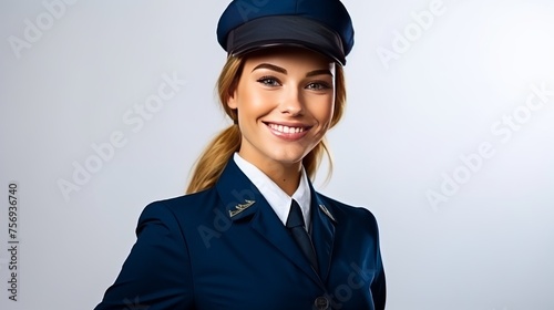 Charming stewardess dressed in a blue uniform against a white background.