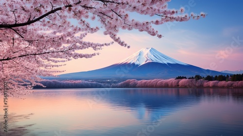 Cherry blossoms or Sakura alongside Mount Fuji, captured by a river in the morning.