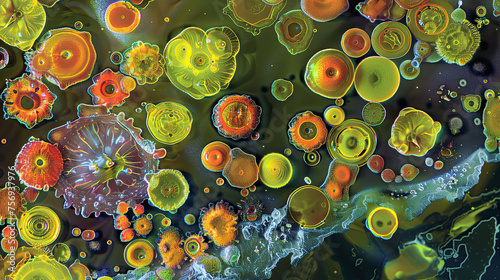 Colorful composite of diverse freshwater algae species in bloom, showcasing vibrant Volvox, Euglena, and Cyanobacteria with dynamic interactions.