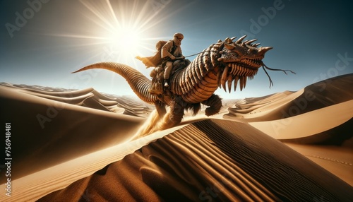A desert nomad on a massive sandworm, traversing an endless dune sea under a scorching sun.