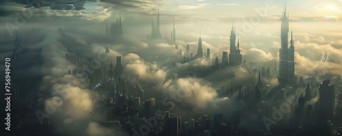 A dystopian city where the rich live in floating estates above the clouds