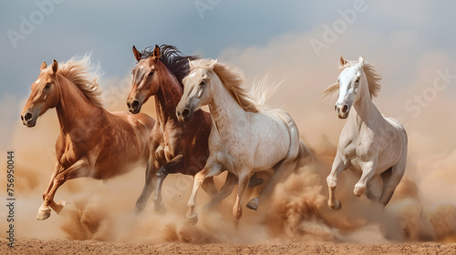 Horses with Long Mane Portrait Run Gallop in Desert, Generative Ai