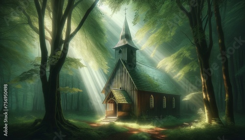 A small, rustic wooden church with a white steeple is nestled in a serene forest.