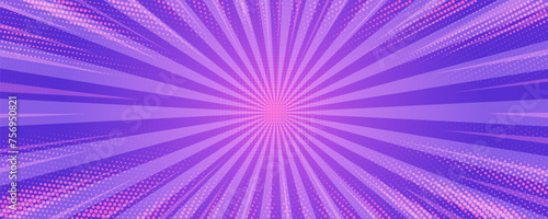 Pink comic background. Pop art vector sunburst with halftone effect. Radial explosion manga frame.