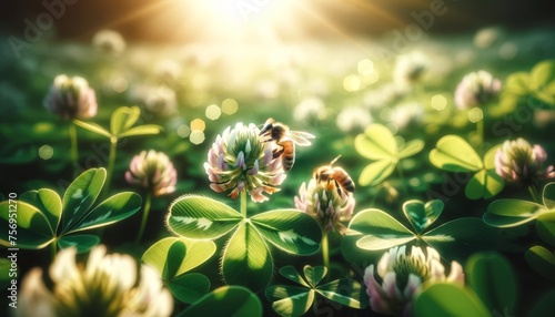 A close-up image of a clover blossom amongst the leaves, with a honeybee collecting pollen.