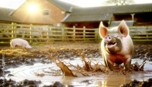 An image of a pig joyfully wallowing in a mud puddle in a sunlit farmyard 2.