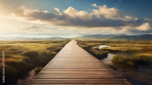 A wooden boardwalk leads to a beautiful landscape