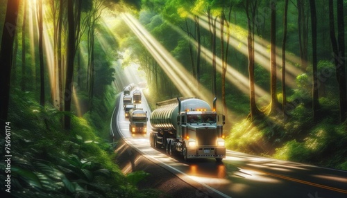 An image of a convoy of tanker trucks driving through a lush green forest road.