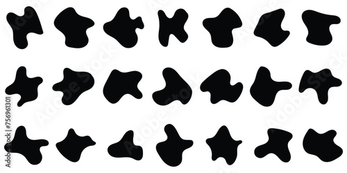 Random shapes. Organic black blobs of irregular shape. Abstract blotch, inkblot and pebble silhouettes, simple liquid amorphous splodge elements water forms creative minimal bubble stone vector set