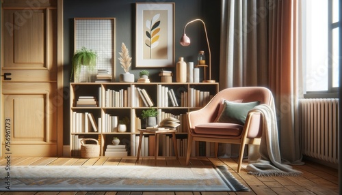 The image depict a cozy reading nook inspired by a modern interior design, reflecting the same spirit and style as the provided reference.