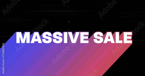 Image of retro massive sale text with rainbow coloured shadow on black flickering background