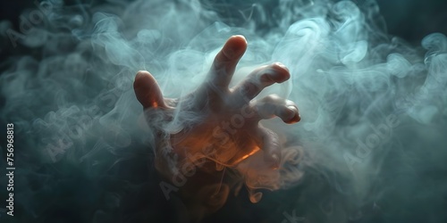 Emergence of Hand from Swirling Smoke in Dark Background. Concept Smoke Art, Hand Gestures, Dark Background, Creativity, Mysterious Aesthetics