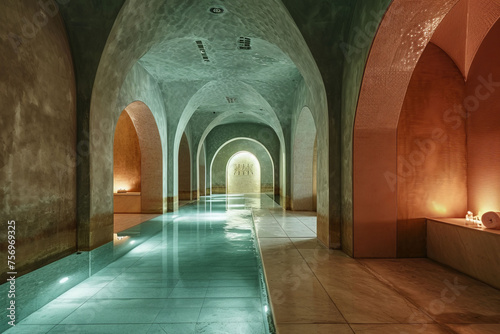 The transitional space of a Turkish hammam, capturing the passage from the warm to the refreshing cool area, featuring characteristic archways and a s
