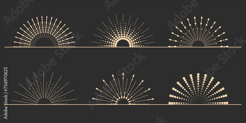 Sunburst. Set of light rays, sunbeams, and solar rays. Design elements, linear drawing, vintage hipster style. Set light rays, sunbeams of different sizes and intensities against a light background.