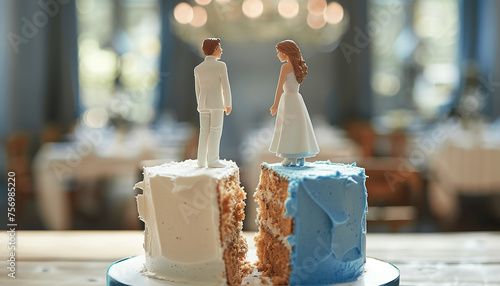 divorce, broken wedding cake with figures of a couple representing a failed marriage, dissolution of marriage