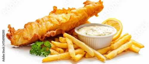 British fish and chips with Tartar sauce on white background