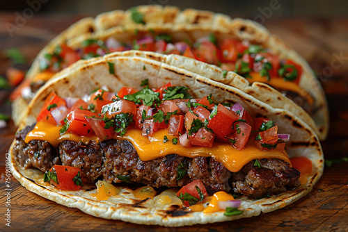 Tacos inside with a burger patty are a trendy hybrid street food.